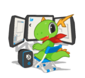 Konqi and his dev PC: KDE development software, multi-screen, programming.