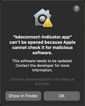 Message dialog: "Apple can’t check app for malicious software"