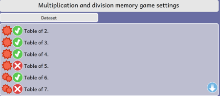 Multiplication and Division Memory game Activity Dataset Screen Dialog