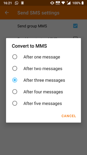 right Set the preferred minimum length of text as MMS.