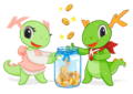 Katie and Konqi inviting users to donate. Artwork is closely based on Tyson Tans design. Illustrated by Raghavendra Kamath.