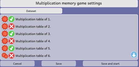 Multiplication Memory game Activity Dataset Screen Dialog