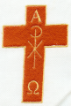 Fine-line characters and gold border on textured cross